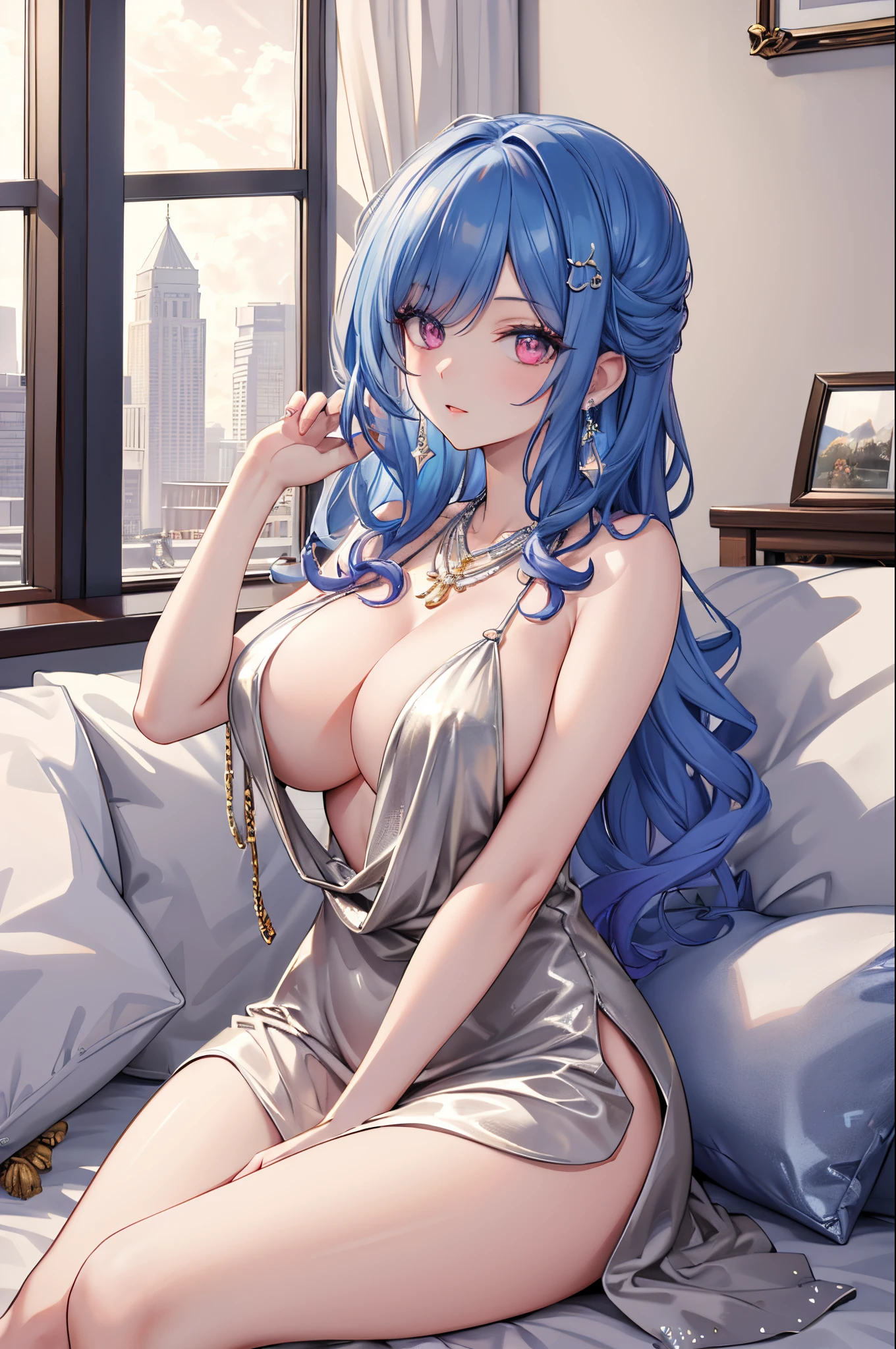 ((masterpiece, best quality)),
st. louis \(luxurious wheels\) \(azur lane\), highres, highest quallity, illustration, cinematic light, ultra detailed, detailed face, (detailed eyes), best quality, hyper detailed, masterpiece, (detailed face), large breasts, hair ornament, earrings, necklace, portrait, silver dress, revealing clothes,highest details, luminous eyes, (hotel:1.2), sitting in bed, sitting, bed, window, night sky, backlighting, light rays, (high contrast), (colorful),