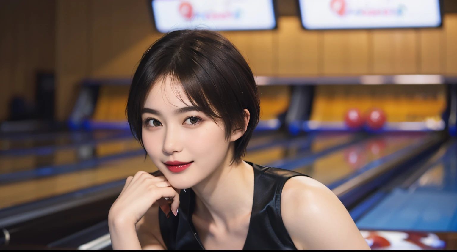 116
(a 20 yo woman,Bowling), (A hyper-realistic), (high-level image quality), ((beautiful hairstyle 46)), ((short-hair)), (Gentle smile), (breasted:1.1), (lipsticks), (Bowling alley)