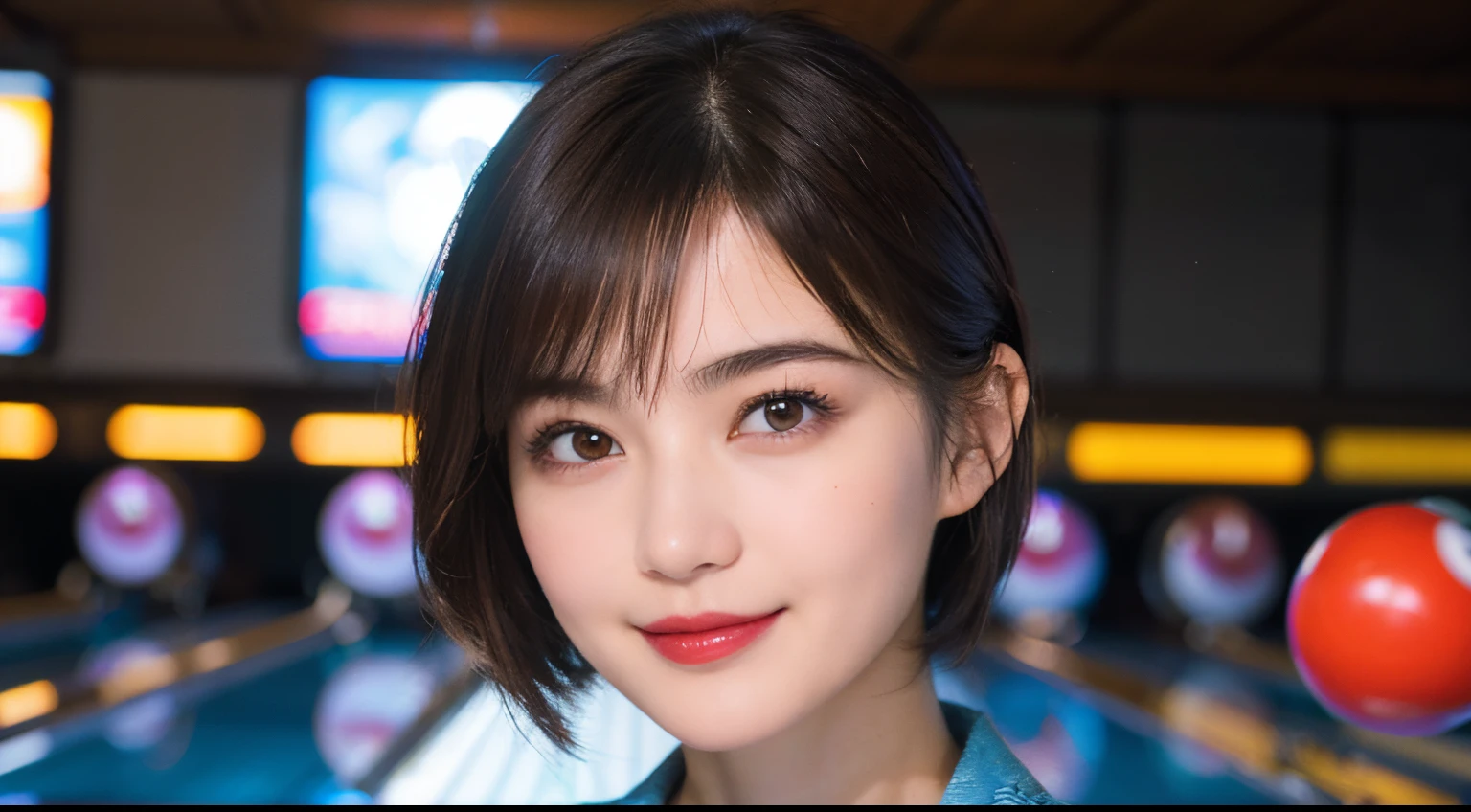 116
(a 20 yo woman,Bowling), (A hyper-realistic), (high-level image quality), ((beautiful hairstyle 46)), ((short-hair)), (Gentle smile), (breasted:1.1), (lipsticks), (Bowling alley)