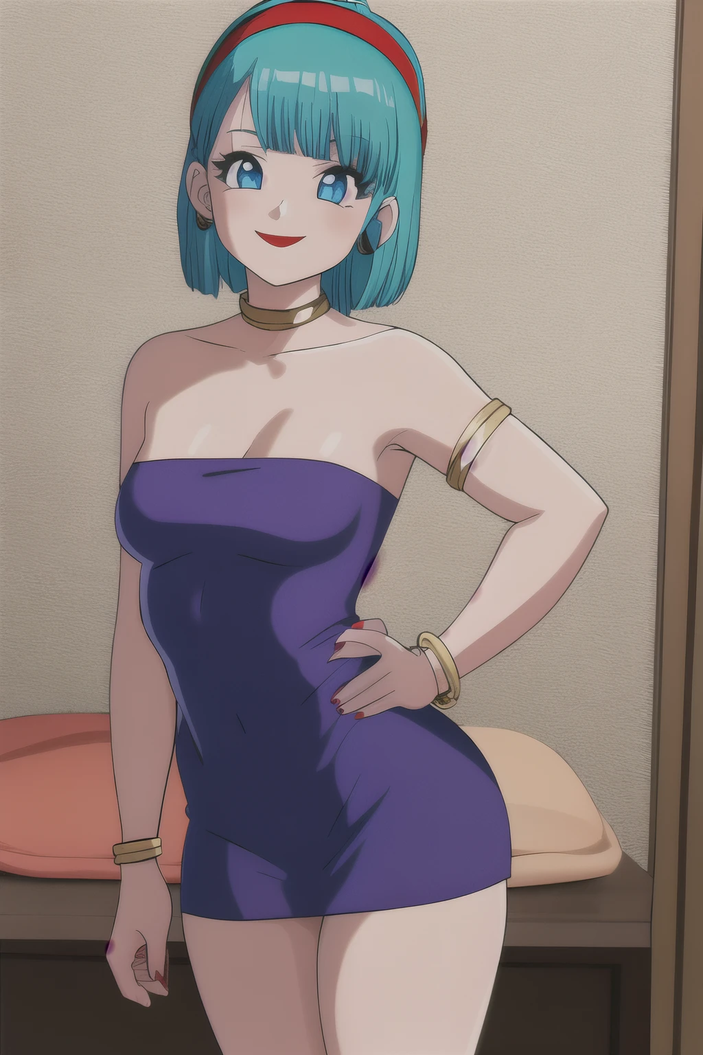 akiratoriyama art style, blue eyes, smile, one girl, aqua hair, teenager, aqua medium hair, bob hair, red hairband on top, red lips, medium breasts, little red dress, red strapless dress, short bodycon dress, skin-tight dress, choker, gold hoop earrings, gold bracelet, bedroom, solo