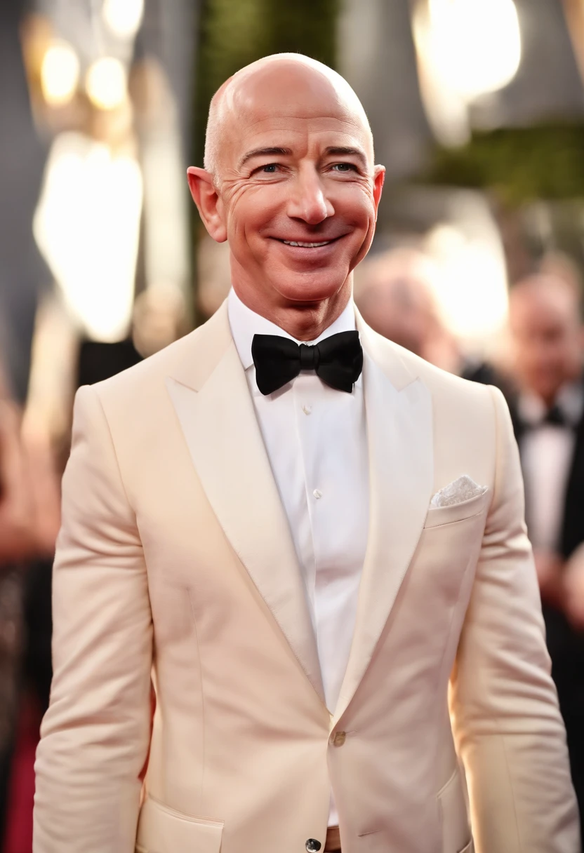 A photo of Bezos at the Oscars red carpet event,original,Jeff Bezos, the founder of Amazon, is known for his bald head and often a warm, yet measured smile, presenting a recognizable and influential figure in the tech world. He usually appears in public wearing professional yet relatively understated attire, reflecting his practical approach to business and life. He’s gotten absolutely jacked after taking lots of testosterone and HGH.