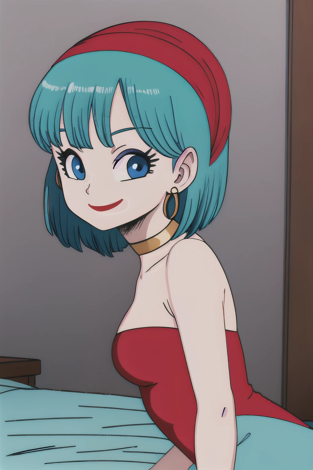 akiratoriyama art style, blue eyes, smile, one girl, aqua hair, teenager, aqua medium hair, bob hair, red hairband on top, red lips, medium breasts, little red dress, red strapless dress, short red bodycon dress, skin-tight dress, choker, gold hoop earrings, gold bracelet, bedroom, solo