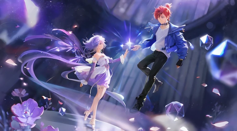 Anime couple wearing purple dresses and black jackets walking through flower field, anime in fantasy style, Beautiful fantasy anime, Official fan art, Guardian of the Stars, concept art magical highlight, Zero art, ethereal anime, Astral Fairy, High quality anime art style, stylized anime, Saki Michan and Frank Franzetta, Anime style 4k, 8K!
