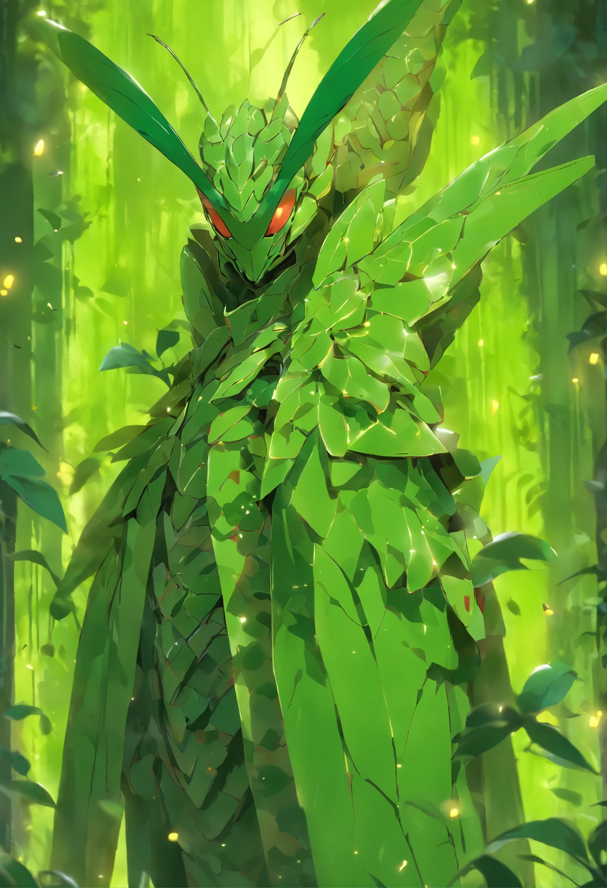 high quality rendering,(8K、Best quality at best、tmasterpiece:1.2)、(Endless realism、Photorealsitic:1.37)、hyper-detailing,hyper HD,A mantis magnified ten times,zerg,Live wallpaper,This is a painting of a mantis resting,(Dark green insect carapace:1.2),(Exaggerated mantis forelimbs,Carapace with leaf texture:1.3),{Death and Skeletons,three different elements, Time and Mantis, used to design this character.:1.4},monster hunter,((handsome insect,Wrapped in thick and powerful armor. metal panels are decorated with intricate patterns,This armor highlights the mantis's massive size' forelimb)),Insect characters in card games