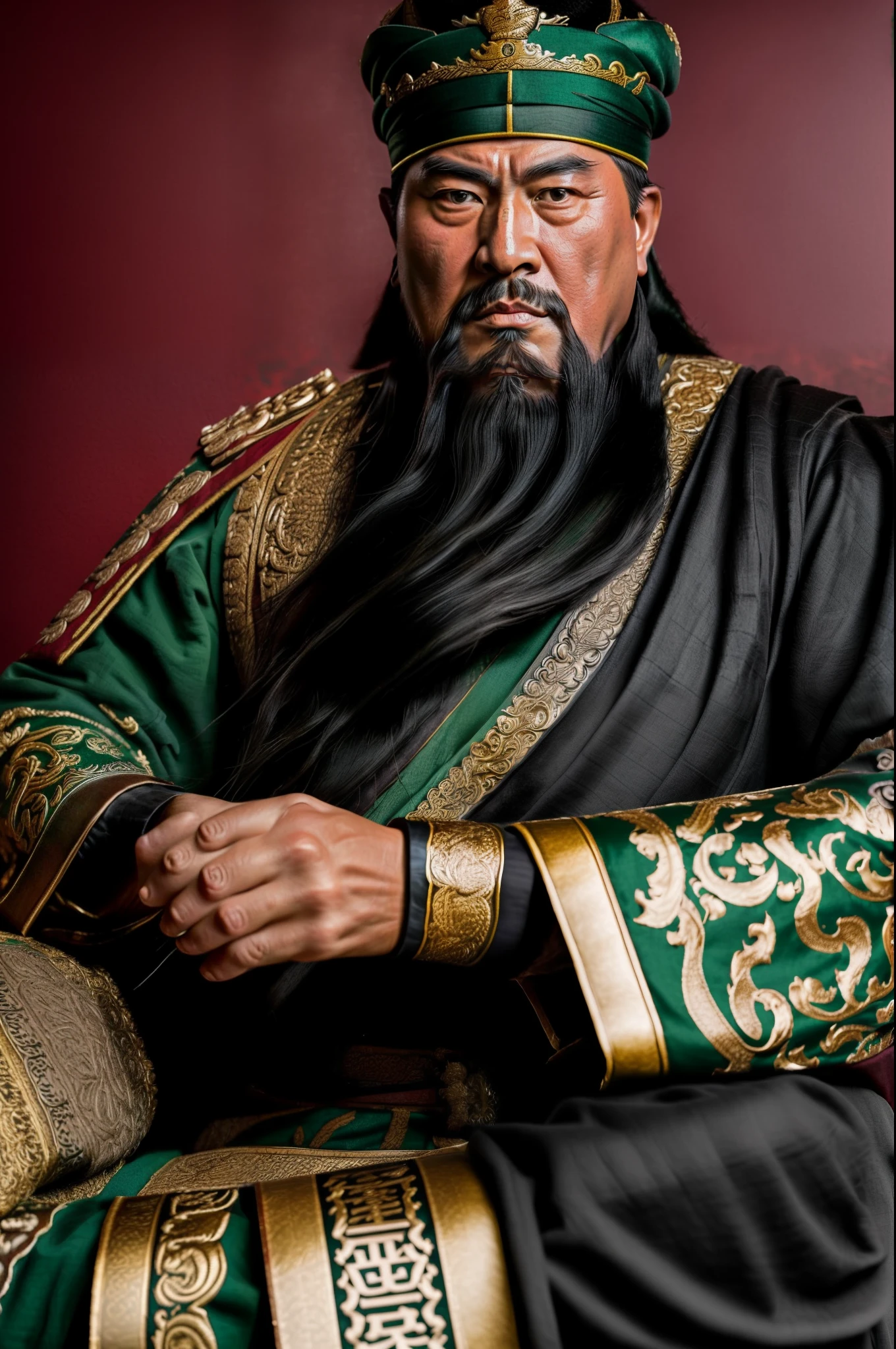 Generate a digital artwork capturing a highly realistic and recognizable portrayal of Guan Yu, the Chinese historical figure. Picture him in a seated on reading a scroll position with a focused gaze directly at the viewer. His facial expression should convey a mix of wisdom, strength, and contemplation. His face is in red color. In one hand, depict him holding a meticulously detailed ((traditional scroll)). Simultaneously, his other hand should be gently stroking his distinctive, long, and majestic beard. Strive for historical accuracy and cultural authenticity in both the character and the setting. Hyper realistic. The crown of the head, is in the picture, (green clothes, fearless and intelligent face, (colored skin), (waist-length, heavy black beard): 1.2), (clothes of the Three Kingdoms era: 1.2), long pants, (insanely detailed, bloom: 1.5), (best quality, photo, 4K), (photo: 1.2), (high sharpness), (detailed pupil: 1.1), (photo: 1.1), detailed face and eyes, Masterpiece, Top Quality, (HD Photo:1.1), 8k, Photorealistic, (Black Hair Color), (pureerosface_v1:0.2), [:(More Face:1.2):0.2], Sharp, Real, Real Shadow.