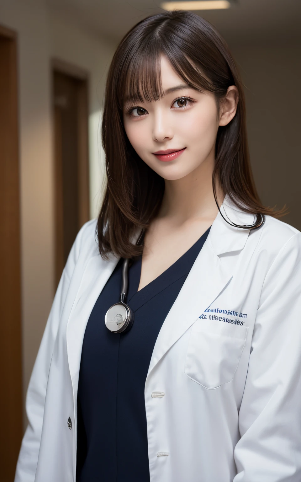 masutepiece, Best Quality, Illustration, Ultra-detailed, finely detail, hight resolution, 8K Wallpaper, Perfect dynamic composition, Beautiful detailed eyes, Doctor's attire,Bob Hair, mid-chest, Natural Color Lip, Random and sexy poses,Smile,20 years girl、Colossal tits、Examination room、stethoscope