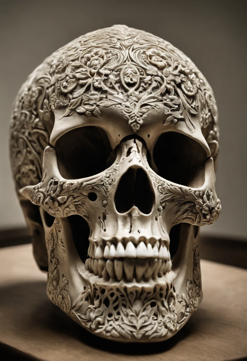 A photo of an intricately carved human skull sculpture,American history,Jeffrey Dahmer, an infamous American serial killer, had an unassuming appearance that belied his gruesome criminal nature. He was of average build and height, with blonde hair and bespectacled, often described as looking ordinary or nondescript. Dahmer’s typical attire was casual and unremarkable, further contributing to his ability to blend into society without arousing suspicion. His facial expressions often appeared flat and emotionless, especially in police photographs and court appearances.