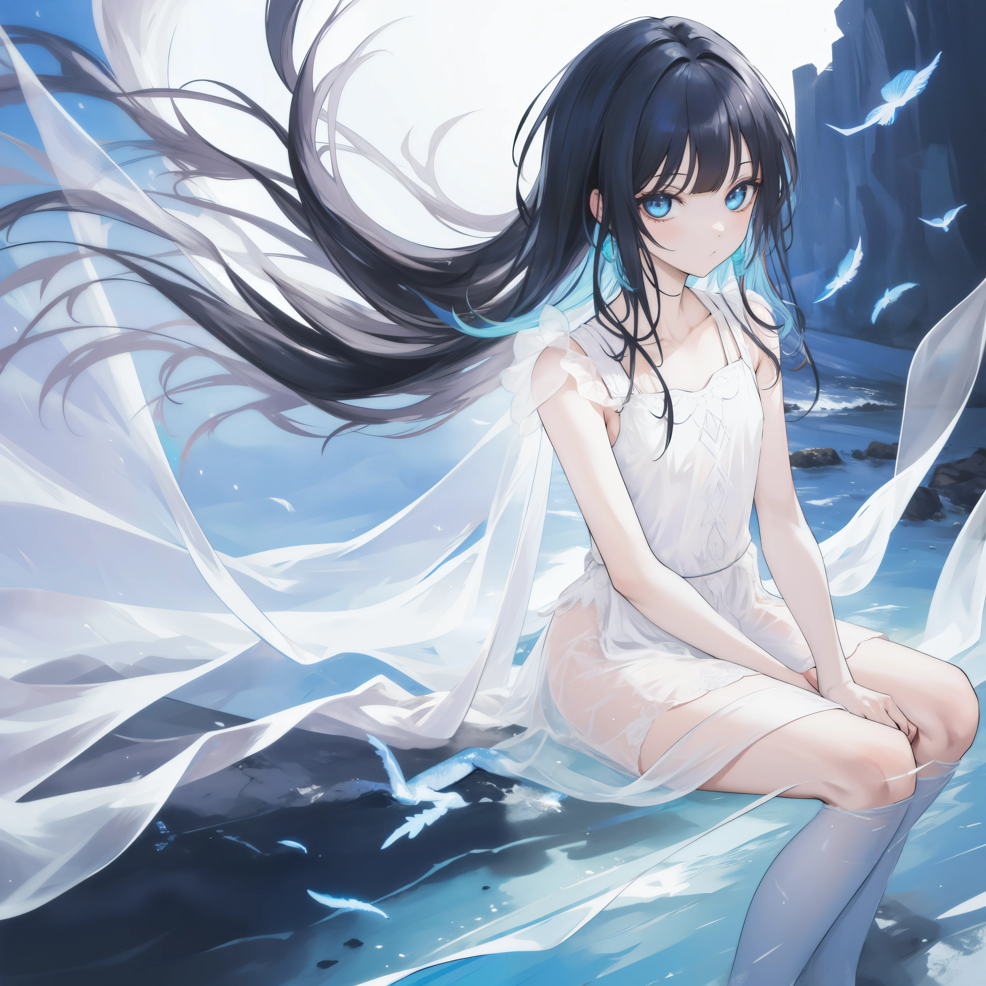 (((A far shot))) of a black-haired anime teen girl, (standing in the (snowfield), ((strong sunlight)), cinematic light, slim body, skin is perfectly healthy, soft, and smooth, Extremely delicate and beautiful CG illustration, best quality, high resolution, dynamic angle, full-length lens, (1 girl), floating, soft light, high-key lighting), glowing light, blue halo, feathers fluttering background, blue crystal, (((wearing nothing but a white (pure) (transparent) tank top))), ((very cinematic))