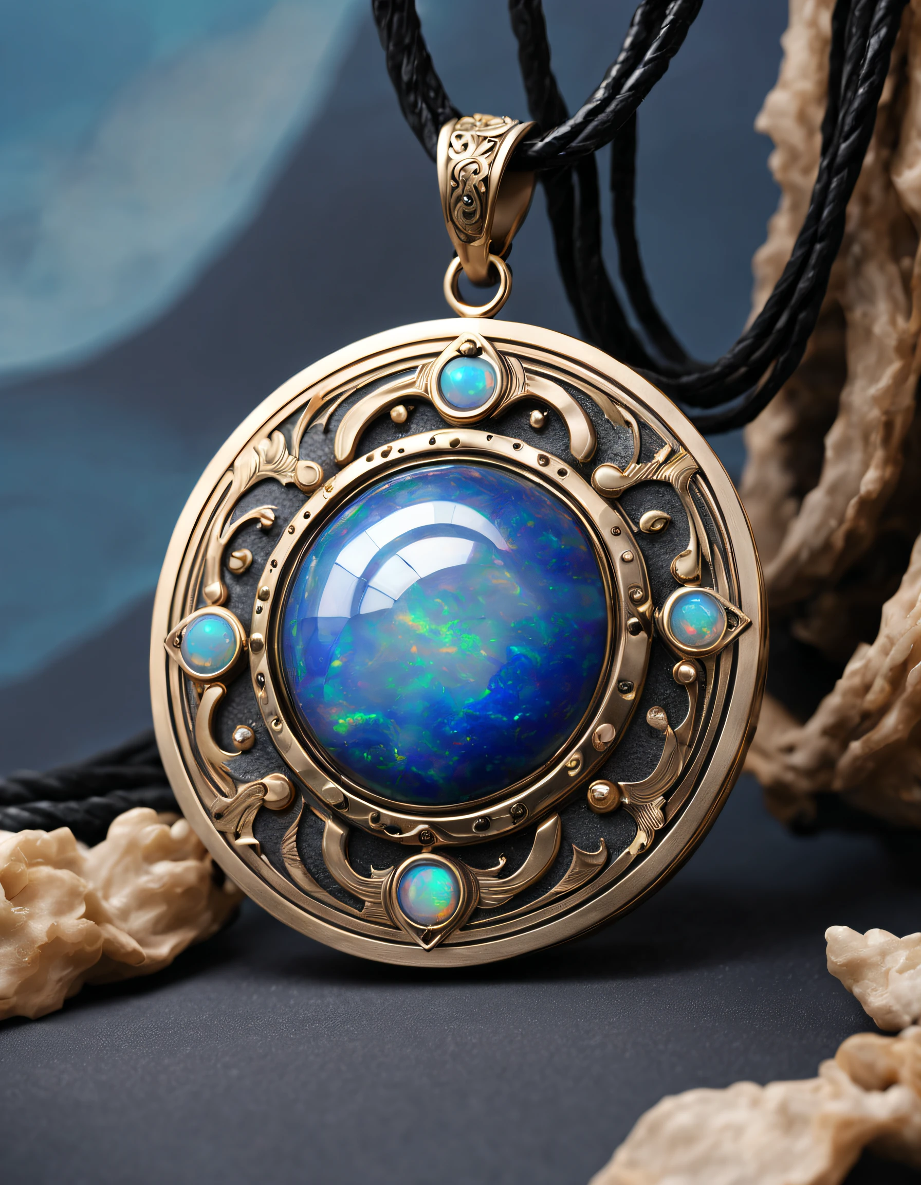 Item design, (a circular zodiac pendant), (a double opal stone in the middle: 1.3), (only one double opal), (a black leather rope), black gold border, brushed craftsmanship, lapis lazuli, turquoise, mother clam, (Cancer: 1.3), (12 zodiac symbol: 1.1), (12 zodiac pattern: 1.1), (side carved symbol cindy xu: 1.3), black stone, simple structure, exquisite structure, complex craftsmanship, Light luxury style, Dunhuang mural style, Bohemian style, Rococo style, luxury goods, Vanke Yabao, Cartier,
Background: White, jewelry photography, ultra-high definition, high quality,
Epic level design, epic level visuals, incredible design, dreamy design