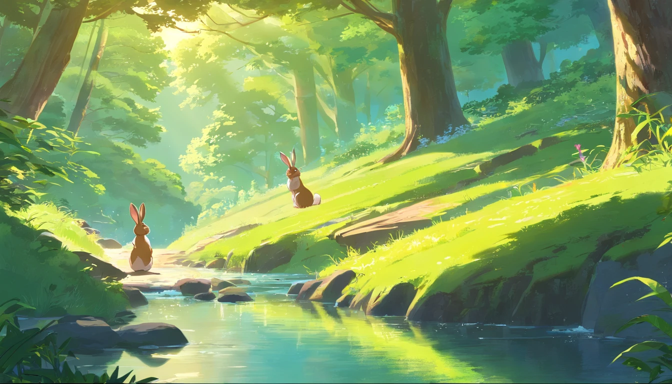(best quality,4k,highres,masterpiece:1.2),ultra-detailed,realistic,professional,sharp focus,vivid colors,bokeh,cartoonish(rabbit),anthropomorphic(rabbit),forest scenery,natural lighting,peaceful atmosphere,whimsical elements,dappled sunlight,jaw-dropping details,rays of light,water reflections,ethereal mood,lush greenery,cascading waterfall,serene ambiance,moss-covered rocks,playful rabbit character,stream glistening in the sunlight,majestic trees towering above,rabbit with expressive eyes,precise brush strokes,impeccable composition,eastern cottontail,fur details,Disney animation quality,subtle shadows on the rabbit's fur,Pixar animation quality,nature-inspired color palette,picturesque landscape,enchanted forest.