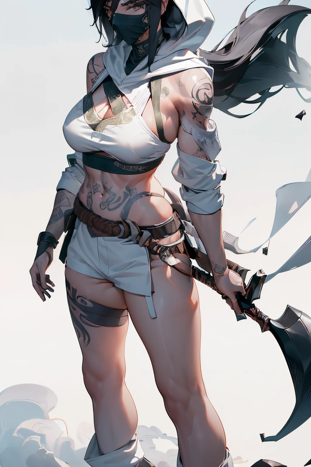 (Best quality,4K,8K,A high resolution,tmasterpiece:1.2),Smoke background, Akali, 1个Giant Breast Girl, long_the sleeve,White hood,White shorts,,Tattooed with , Permanent, full_body, arma,sickle,daggers,,White boots, Leucorrhoea,White mask,Outdoor activities,buildings