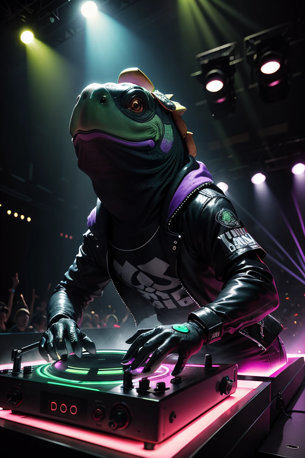 an anthro Turtle DJ, on stage with turntables, crowd, Lazer lights, club at night