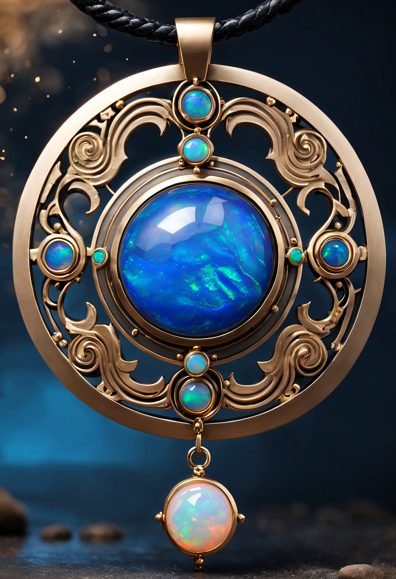 Item design, (a circular zodiac pendant), (a double opal stone in the middle: 1.3), (only one double opal), (a black leather rope), black gold border, brushed craftsmanship, lapis lazuli, turquoise, mother clam, (Cancer: 1.3), (12 zodiac symbol: 1.1), (12 zodiac pattern: 1.1), (side carved symbol cindy xu: 1.3), black stone, simple structure, exquisite structure, complex craftsmanship, Light luxury style, Dunhuang mural style, Bohemian style, Rococo style, luxury goods, Vanke Yabao, Cartier, Background: White, jewelry photography, ultra-high definition, high quality, Epic level design, epic level visuals, incredible design, dreamy design