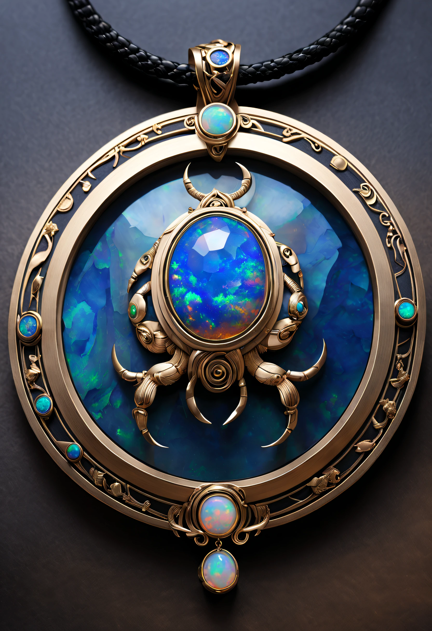 Item design, (a circular zodiac pendant), (a double opal stone in the middle: 1.3), (only one double opal), (a black leather rope), black gold border, brushed craftsmanship, lapis lazuli, turquoise, mother clam, (Cancer: 1.3), (12 zodiac symbol: 1.1), (12 zodiac pattern: 1.1), (side carved symbol cindy xu: 1.3), black stone, simple structure, exquisite structure, complex craftsmanship, Light luxury style, Dunhuang mural style, Bohemian style, Rococo style, luxury goods, Vanke Yabao, Cartier, Background: White, jewelry photography, ultra-high definition, high quality, Epic level design, epic level visuals, incredible design, dreamy design