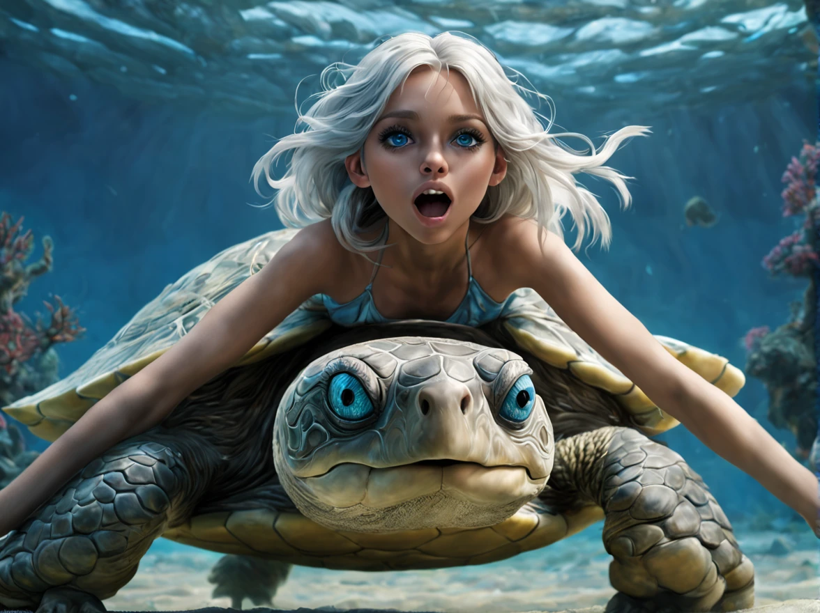 (​masterpiece), realistic, cinematic light,15-year-old girl, ride on a big turtle, under the sea, full body, from above and side, beautiful eyes, silver hair, perfect anatomy, very cute, (blue eyes), bio luminescent, 8 class large, 8K, human hands, character sheets, concept-art, smooth and detailed hairstyle, Fractal art, eyes shed tears while holding back the pain, open mouth and stick your tongue out,