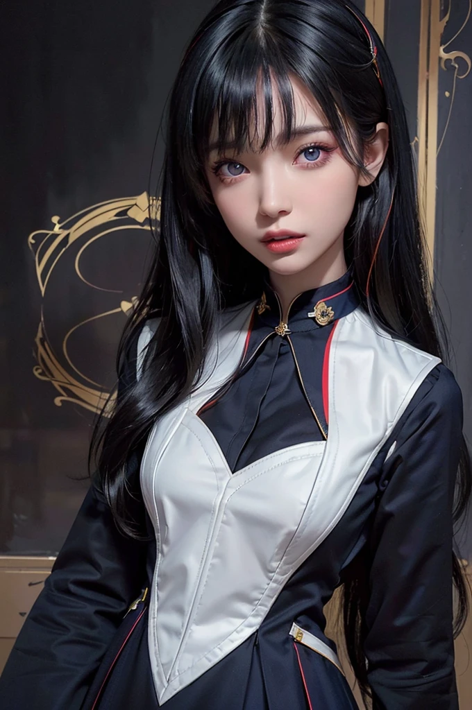 8K, Best Quality, 1girl in, (Skindentation), Night, (Dark), Clear background indoors, (People), Beautiful bangs, Gorgeous,, (Clothing and uniforms:1.3),Soft lighting, Attractive, Dark room, (Mouth closed:1.2, Beautiful eyes, Detailed eyes, Detailed iris, Beautiful lips, Beautiful nose, Beautiful face),(primary colours:1.5)