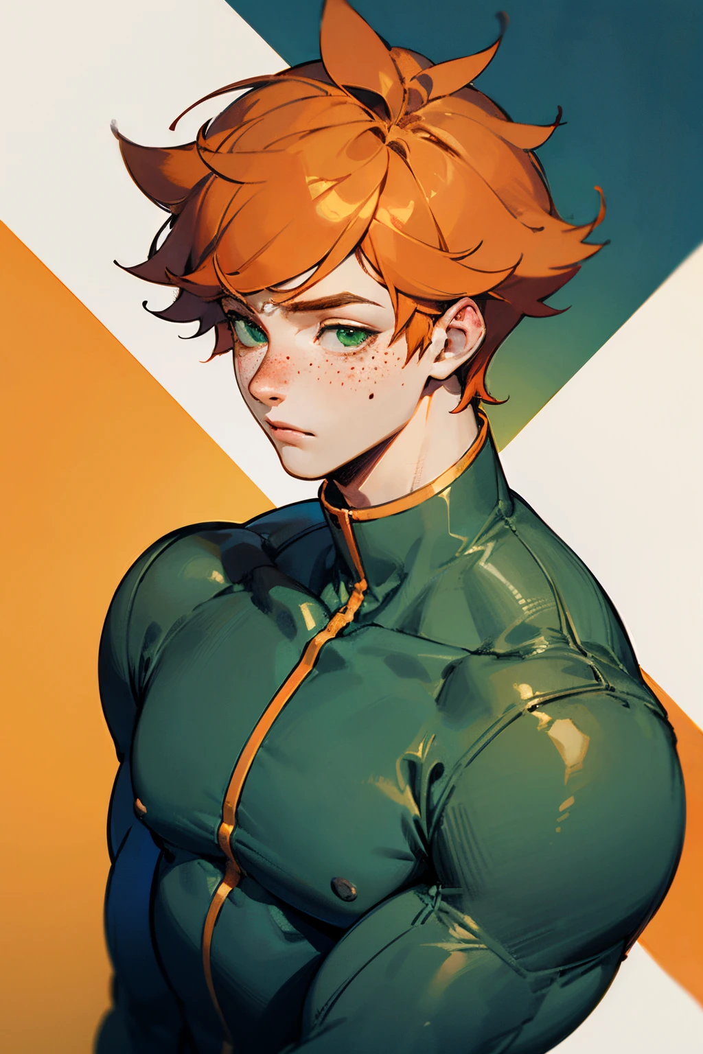 Adult boy, chubby body, orange hair, green eyes, freckles