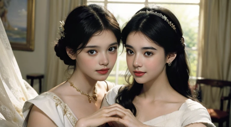(top-quality、hight resolution、masterpiece)、((Watercolor in Sargent style))、(David Hamilton Style)、(softfocus)、ancient greek scene 、The world of Bilitis songs、(greek female bard)、22year old、美丽的面容、Well-formed eyes and nose、Bewitching smile、Detailed depiction of the face、Classic hairstyles、Beautiful figure、detail portrayal、(ancient greek clothes)、(White tunic)、greek toga、(two womens)、(Two beautiful women hold hands and look at each other)、(Sing and dance)、(Accurate hand and finger depiction)、Cinematic scenes、ciinematic light、softlight、raytrace、luminous sky、greek architecture columns、greek pine、(nostalgia)、classic vibes、Blur the background、