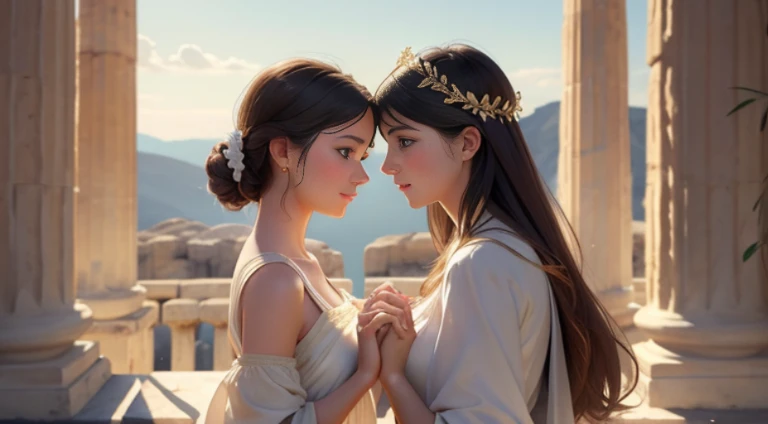 (top-quality、hight resolution、​masterpiece)、((Watercolor in Sargent style))、(David Hamilton Style)、(softfocus)、ancient greek scene 、The world of Bilitis songs、(greek female bard)、22year old、美丽的面容、Well-formed eyes and nose、Bewitching smile、Detailed depiction of the face、Classic hairstyles、Beautiful figure、detail portrayal、(ancient greek clothes)、(White tunic)、greek toga、(two womens)、(Two beautiful women hold hands and look at each other)、(Sing and dance)、(Accurate hand and finger depiction)、Cinematic scenes、ciinematic light、softlight、raytrace、luminous sky、greek architecture columns、greek pine、(nostalgia)、classic vibes、Blur the background、