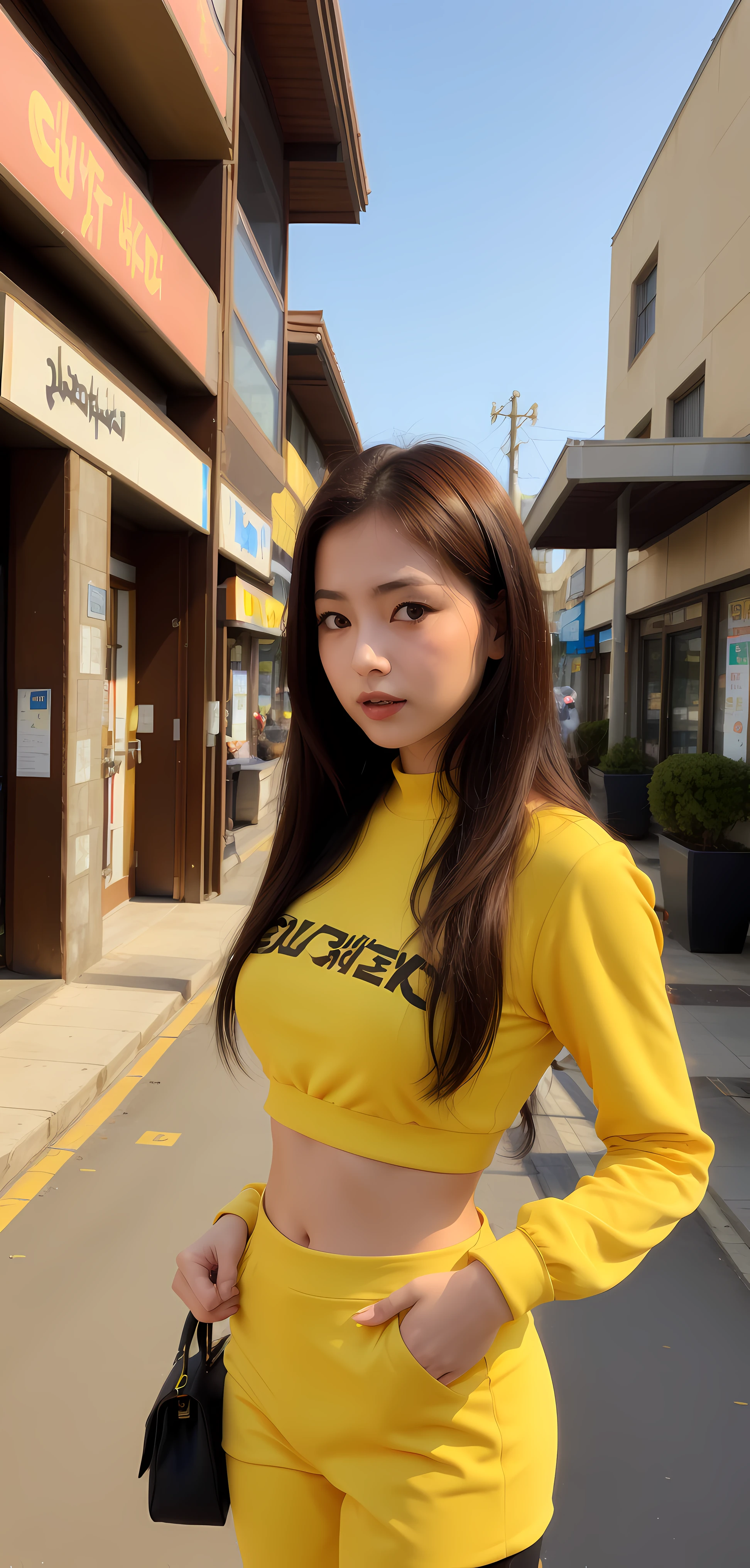 Arab Asian woman wearing yellow top and black pants on the street, けもの, advertisement picture, Young Pretty Gravure Idol, Young Gravure Idol, Sateen!!, sakimichan, Young skinny gravure idol, Young Sensual Gravure Idol, Realistic Young Gravure Idol, chiho, s girl, sophisticated gravure idol, Sateen!