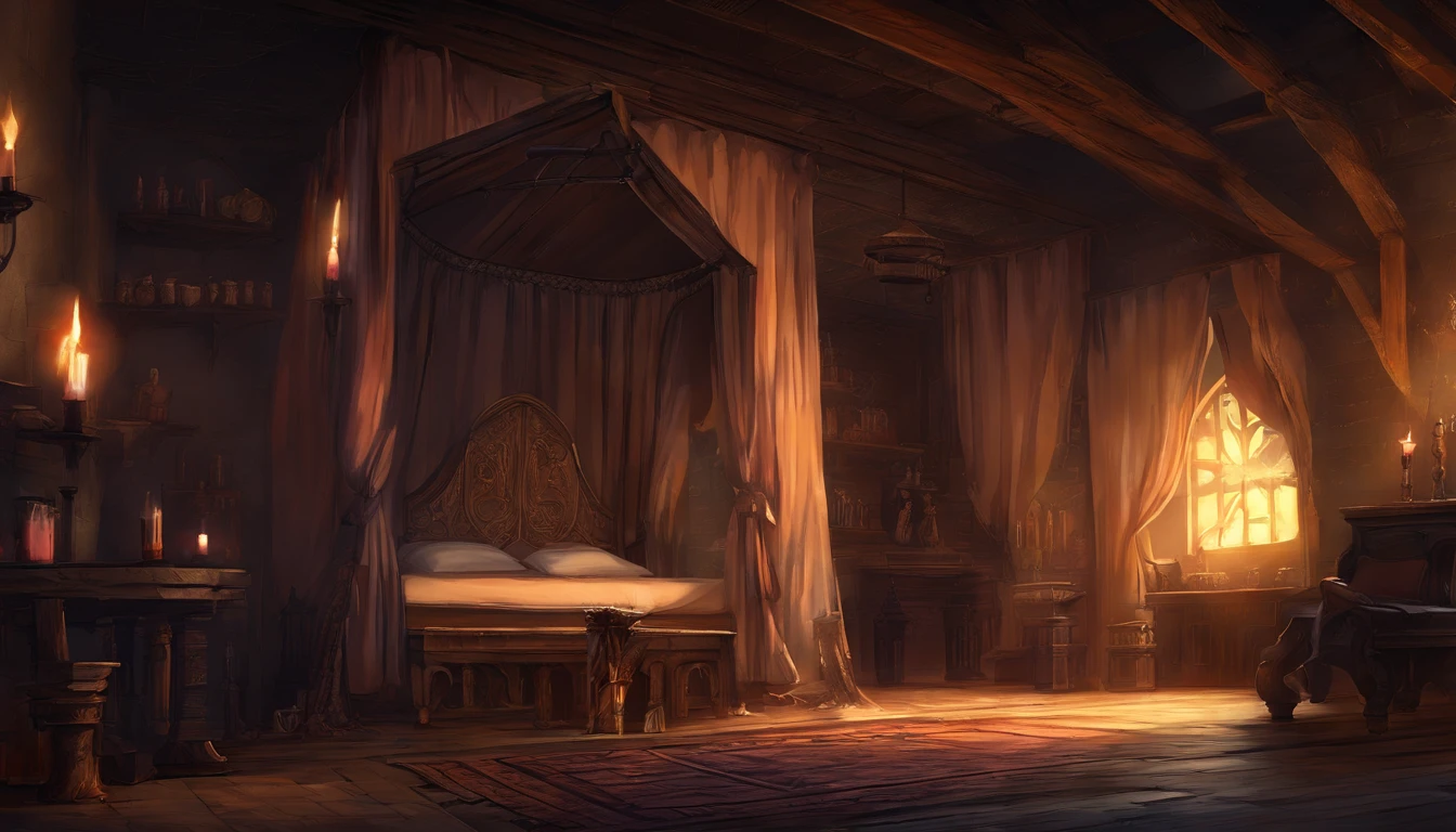 a medieval bedchamber in the evening fit for royalty. The atmosphere is calm and empty with feelings of burden and illness