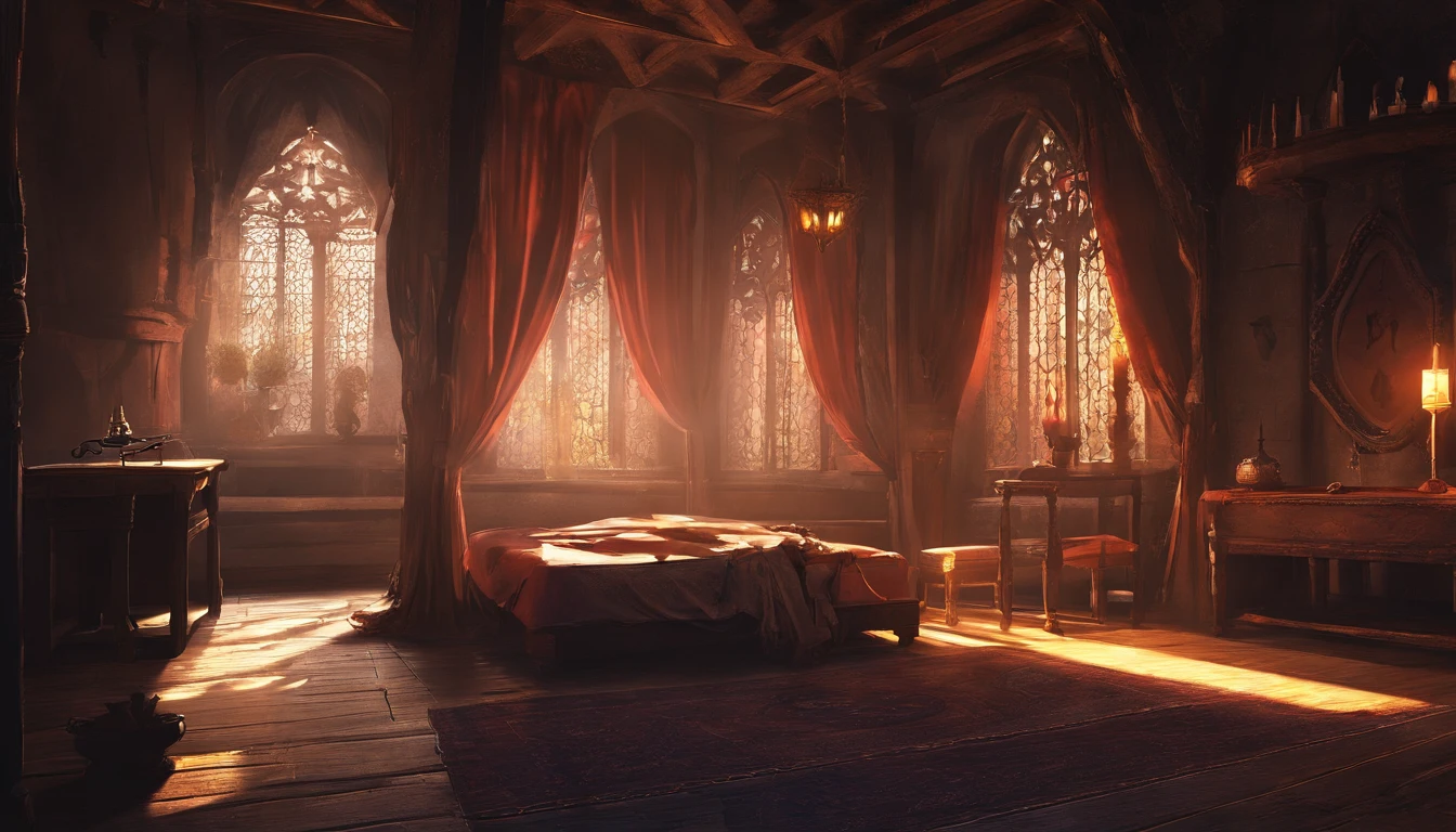 Pixel art, bedroom, posters, bed, table, realistic, detailed, gothic, candles, red, black, vampire room --auto --s2