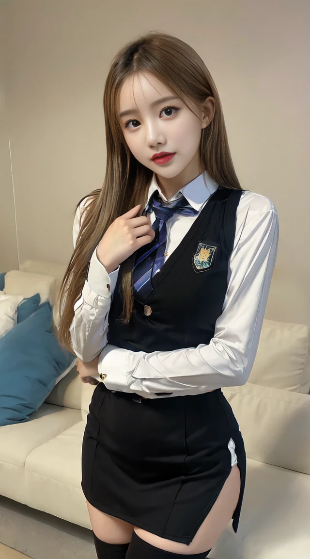 ((Best quality, 8K, tmasterpiece:1.3)), Beautiful woman with perfect figure, （Best quality at best，4K，tmasterpiece：1.2），Beutiful women，1 plump girl，Raised sexy：1.1，Woman in school uniform，Colorful miniskirt and black stockings，