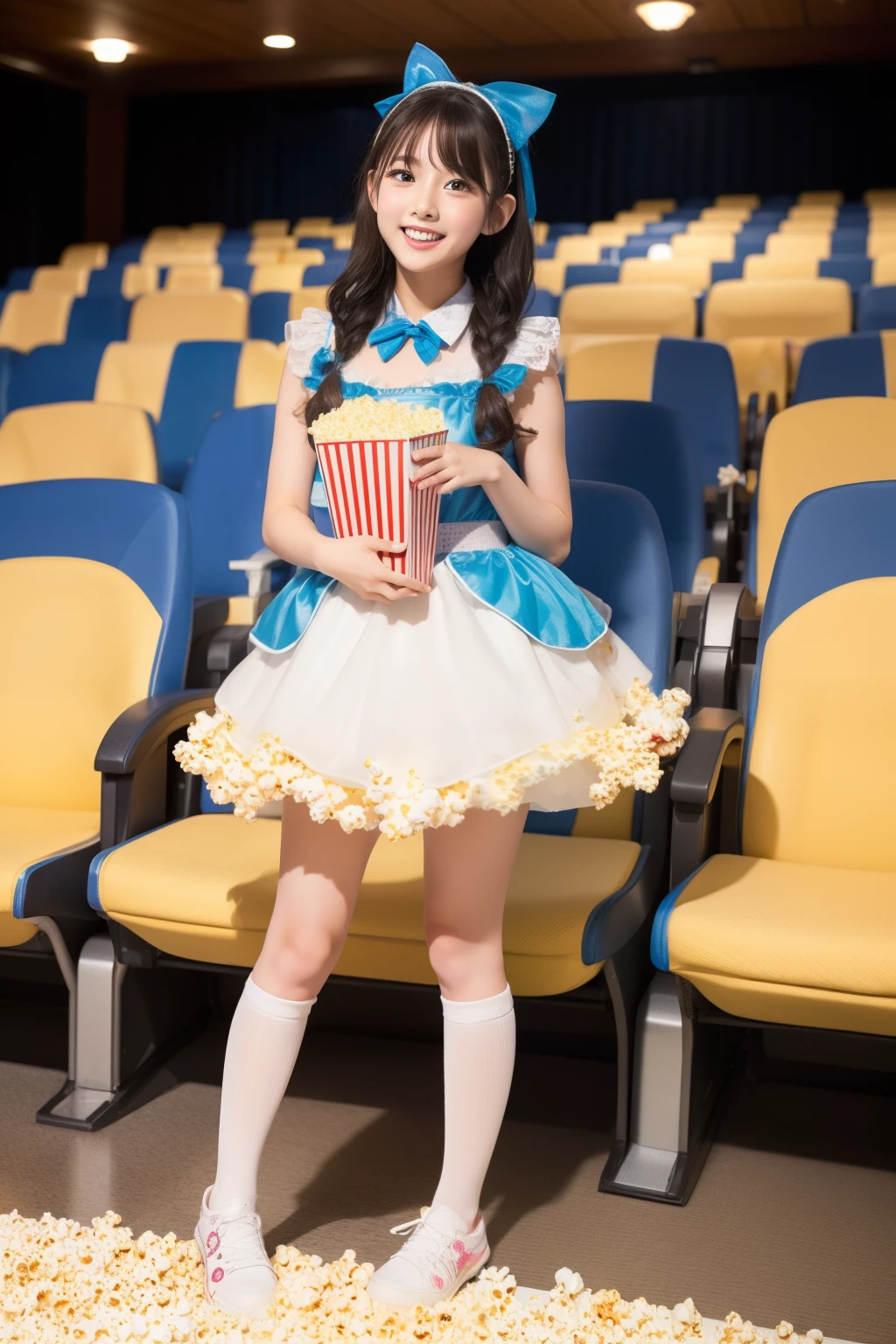 Female idol covered in popcorn（Cute costumes）、、full body Esbian、movie theatre