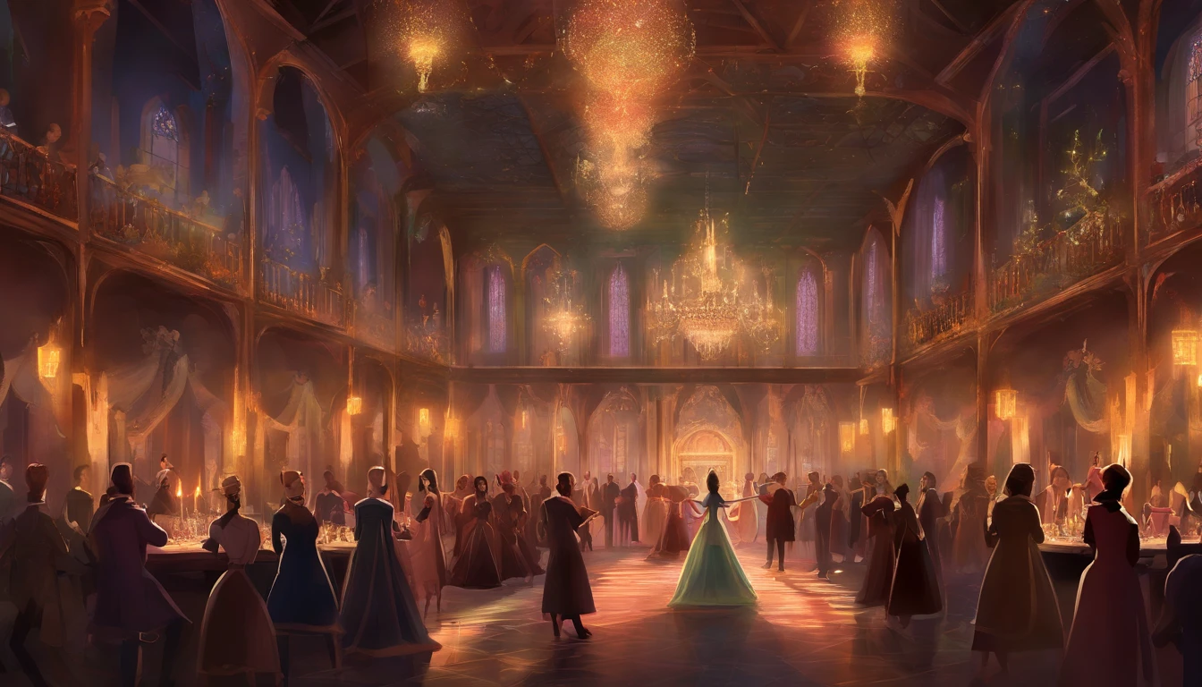 medieval ballroom with melodies and entertainment and many guests all dressed splendid. The atmosphere is lively and opulent and with bright candle lights and tapestries depicting myths and legends. There is a dancefloor and people are waltzing, view from a far distance