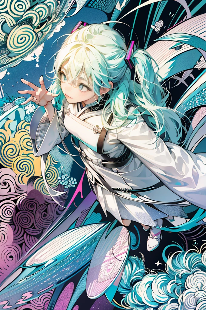 miku hatsune、absurderes, Hi-Res, The ultra-detailliert, 1girl in, 独奏,, Ultra-precise depiction, (Zentangle:1.2), (dynamicposes), (Abstract background:1.5), , short platinum blonde, (Glossy skin), multi colored, The upper part of the body, (From above),music、twinkle