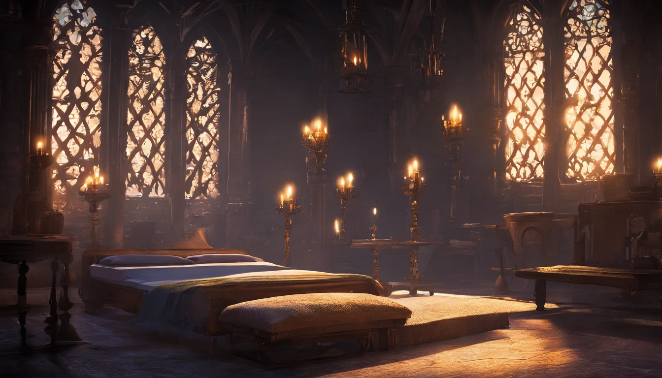 a medieval bedchamber in the evening fit for royalty. The atmosphere is calm and empty with feelings of burden and illness, cold colors