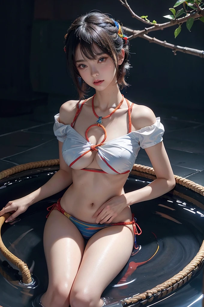 ((Best Quality, 8K, masutepiece :1.3))、 (Skindentation), Night, (Dark), Clear background indoors, (People), Beautiful bangs, Gorgeous,(Mouth closed:1.2, Beautiful eyes, Detailed eyes, Detailed iris, Beautiful lips, Beautiful nose, Beautiful face),(primary colours:1.5),Lying in bed、Perfect Anatomy、tear bags,Raw photo,Girl spreading her legs,in her 20s、japanes、J Cup Super Big、Sexy body、Beautiful large areola and large nipples are exposed、Woman in seductive pose、Luxurious necklace、gargantilha、(((underboob)))、fullnude、((His hands are tied behind his back with a thick rough rope.))、Rope that bites into、 (((thighs thighs thighs thighs)))、M-shaped legs:2.8、wide open the crotch、Bend your knees、(Legs wide open)、Open the crotch、Lift your buttocks to the limit、A large amount of water comes out of the genitals and falls on the bed..、Shot from below the crotch,Highly detailed CG Unity 8k wallpaper、 night lights, Soak up to your chest in a hot spring bath、Blonde short hair, Shot from below the crotch