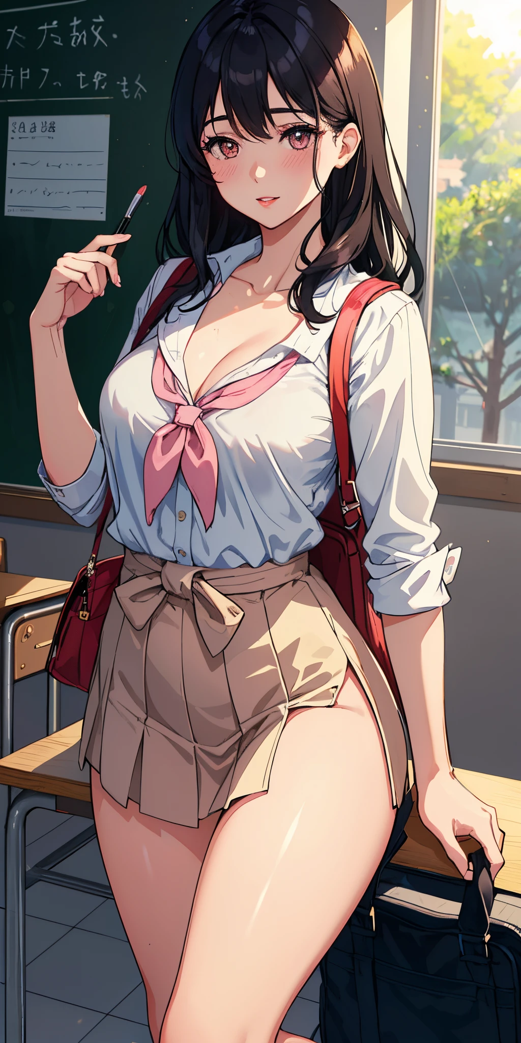 1woman, parted lips, blush, makeup, light smile, seductive, /school uniform, classroom, school bag, light rays, glow, thighs, collarbone, narrow waist, (masterpiece), wallpaper,