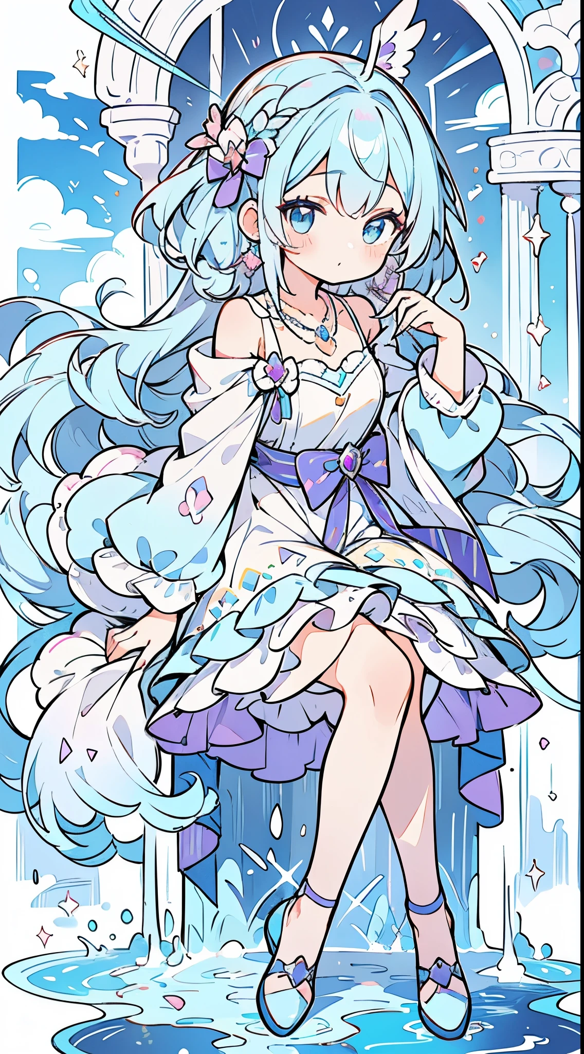 (full bodyesbian:1.2), Drawing from the front, a beauty girl, Masterpiece, top-quality, Wear cute light blue shoes, (Gradation from light purple to light blue:1.3), Two-color hair, long natural permed hair, fluffy hair, light blue eyes, light purple off-the-shoulder dress, earrings with purple jewels、a necklace ((Sit on the clouds)) kawaii ((Close-up of the whole body while sitting from the front:1.2))