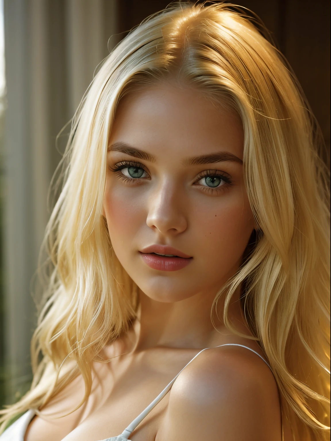 one young and pretty girl, blonde hair that falls gently in waves up to the shoulders, sexy atletic body, medium big bubs, medium height, large and green eyes, pale skin, she is doing care with her hair before sleeping, The environment is illuminated with lights of warm and pleasant colors making your hair shine, your face is naturally serene, lips with red lipstick, 8K texture, highly detailed, realistic, soft Cinematic Light, HDR, sharp focus, first work, photorealistic, photography award-winning, Canon EOS R5, 35 mm