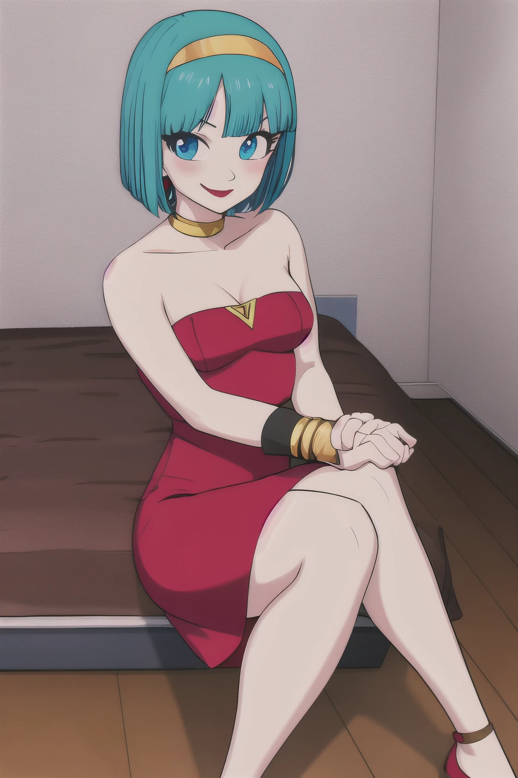 akiratoriyama art style, blue eyes, smile, one girl, aqua hair, teenager, aqua medium hair, bob hair, red headband on top, red lips, medium breasts, little red dress, red strapless dress, short bodycon dress, skin-tight dress, choker, gold hoop earrings, gold bracelet, bedroom, solo, sitting pose