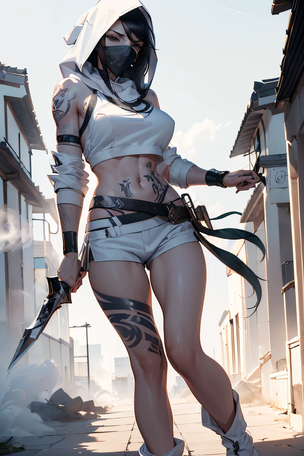 (Best quality at best,4K,8K,A high resolution,tmasterpiece:1.2),Smoke background, Akali, 1 busty girl, long_the sleeve,White hood,short white pants,,Tattoos are , Eternal, full_body, arma,scyscraper,daggers,,White boots, Leucorrhoea,White mask,Outdoor sports,buildings