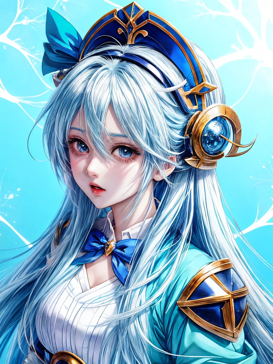 anime girl with blue hair and a blue bow, beautiful anime style, beautiful anime portrait, beautiful anime girl, perfect white haired girl, beautiful anime woman, portrait knights of zodiac girl, beautiful anime art style, pretty anime girl, stunning anime face portrait, cute anime girl portraits, anime character art, pretty anime character design, anime character, attractive anime girl