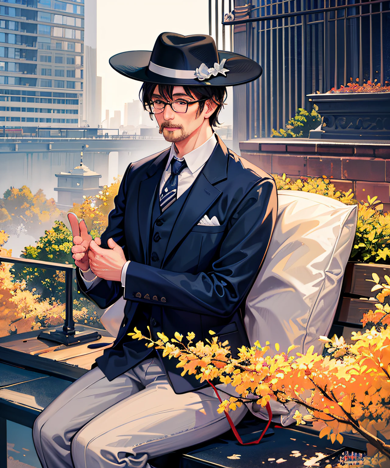 A 50-year-old man wearing a suit and a gentleman's hat in the style of the Japanese colonial period, with slightly thinning hair, sitting down and wearing a tie, Lin Xiantang, with the background of the Eiffel Tower in Paris. (best quality, 4k, highres, masterpiece:1.2), ultra-detailed, (realistic, photorealistic, photo-realistic:1.37), HDR, UHD, studio lighting, sharp focus, professional, vivid colors, bokeh, portraits