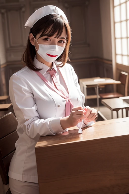 nurse , latex , poitrine imposante, Gants , masque , chemisier , chirurgie , bloc operatoire ,rose,doctoresse ,table operation , seringue , Stétoscope ,blouse