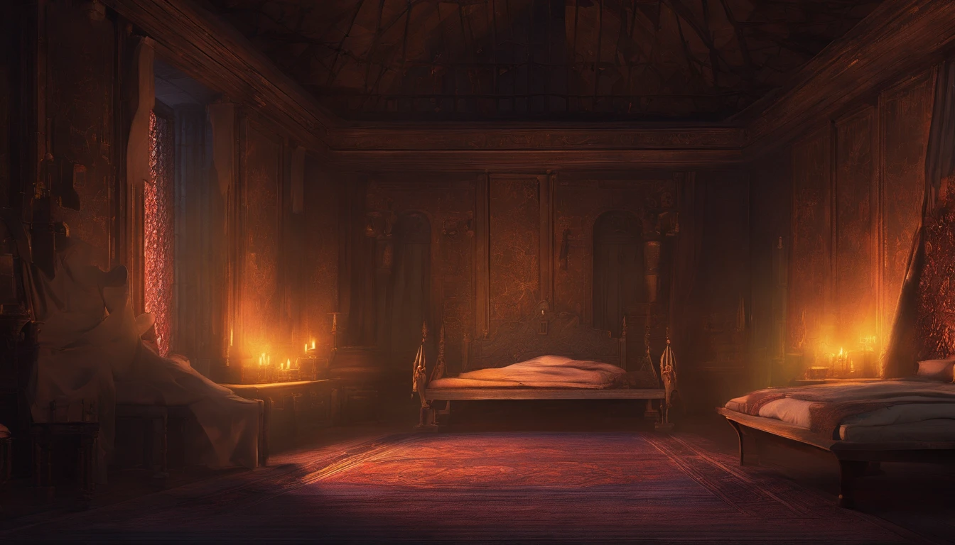 a medieval bedchamber in the evening fit for royalty. The atmosphere is calm and empty with feelings of burden and illness, nighttime colors and the air is cold