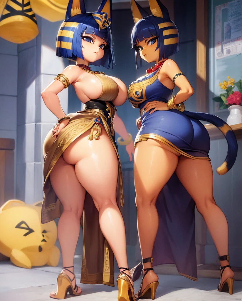 (masterpiece, best quality), intricate details, 8k, artstation, wallpaper, official art, splash art, sharp focus,  Ankha (Animal Crossing), Ankha, hands on hips,
dress shirt,bangle,ankle lace-up,skirt,expression chart,
smug,standing, thicc curves voluptuous