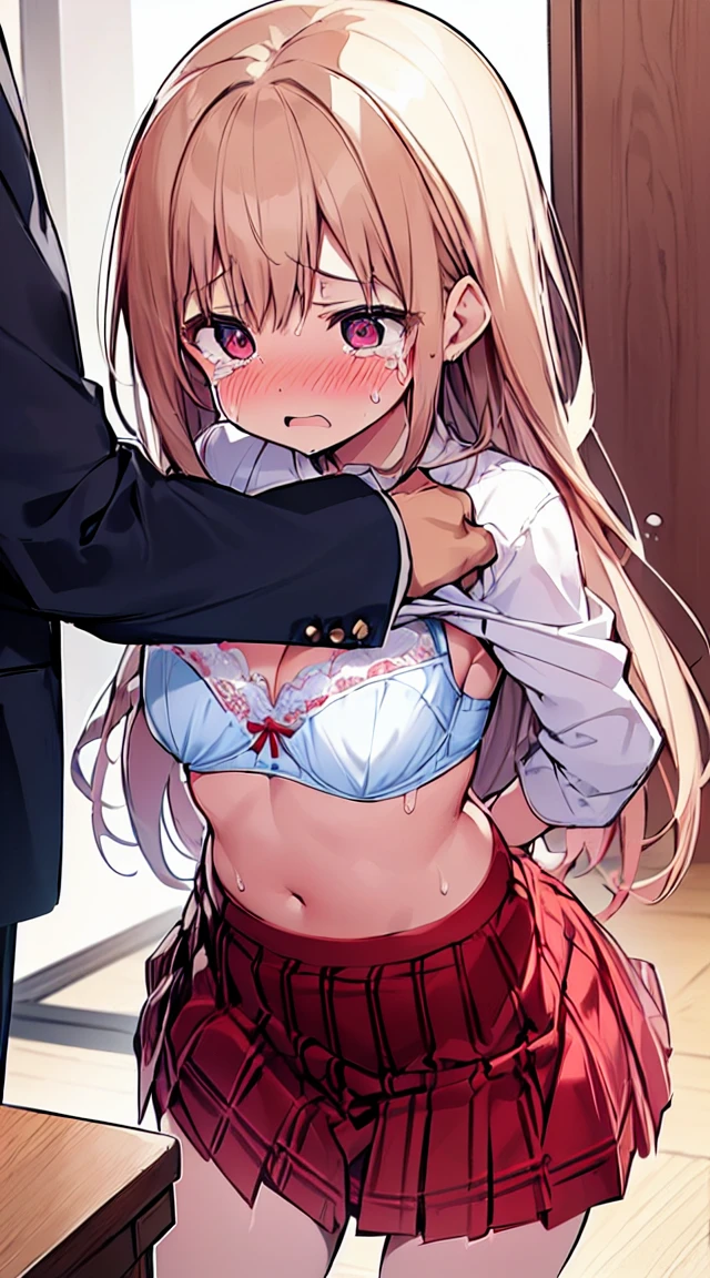 masutepiece, Best Quality,Illustration, Wallpaper, Ultra Detail,  Lori、(((molesting)))、((fear:1.5)))、(Teary-eyed:1.5)、(((Cute white underwear)))、(skirt by the)、ample breasts、((Morester))、((Girl getting her bra removed by a man))、Cherry-colored nipples