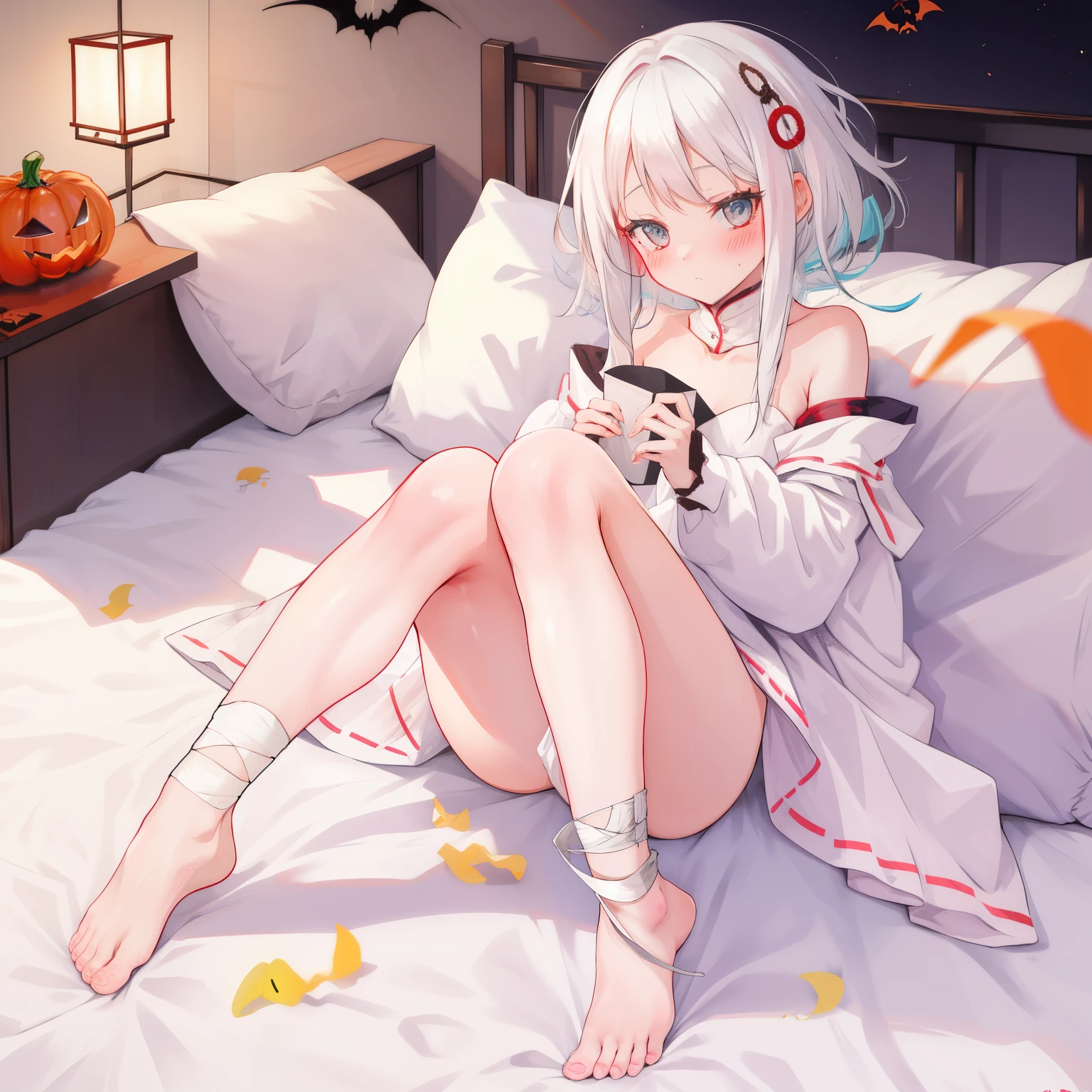 Girl with white hair childish futon bedding Lying blush bare-legged bandaged mummy Halloween mummy