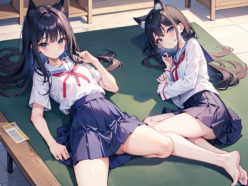 2-dimensional，bit girl, , small, female student, 校服, Superskirt, People who don't wear underwear, lying on the table, Undress, Small under the chest，There is a mole under the neck，Small bottom, ‎Classroom, ssmile, Stas, Volumetriclighting, rays of sunshine, bright，nipple play