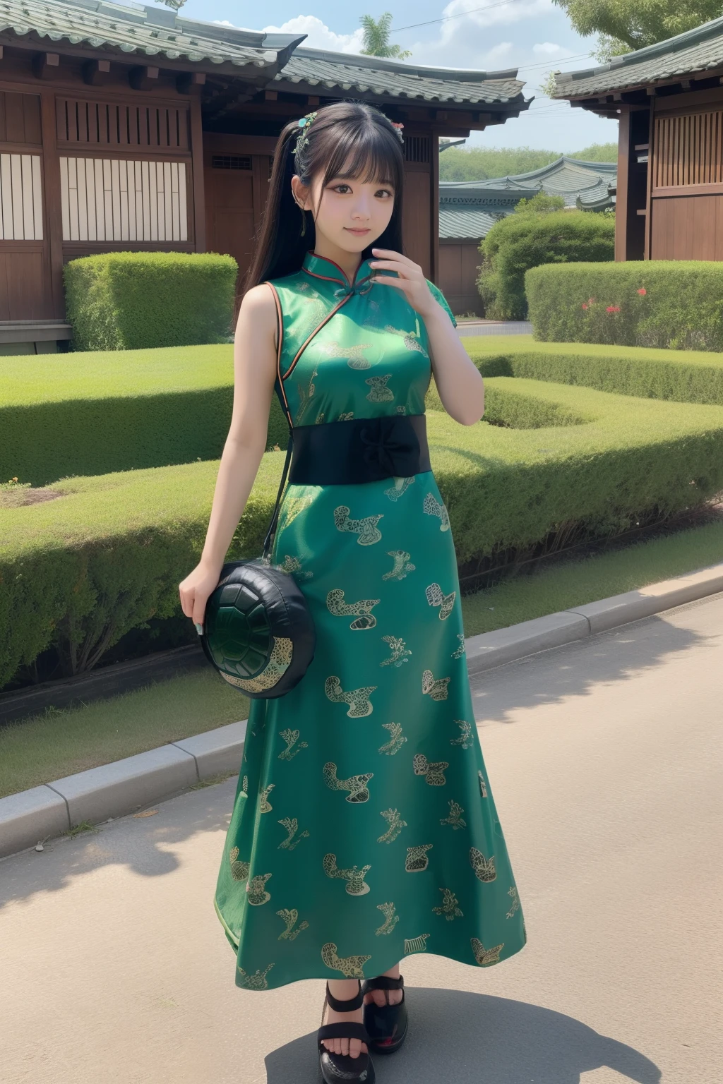 Female idol covered in land turtles、full body Esbian、、Mini cheongsam full of land turtles(black and green)、、、Yokai wind、