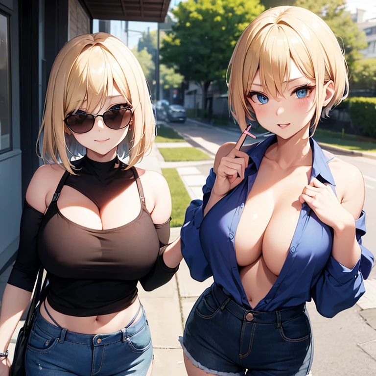 2D Anime Style、Blue eyes、breasts are slightly larger、Blonde Shorthair、Cool and beautiful adult woman smoking a cigarette、Laughing、full body Esbian、Winter outdoor、I'm wearing shorts, Sunglasses, Tops that show cleavage