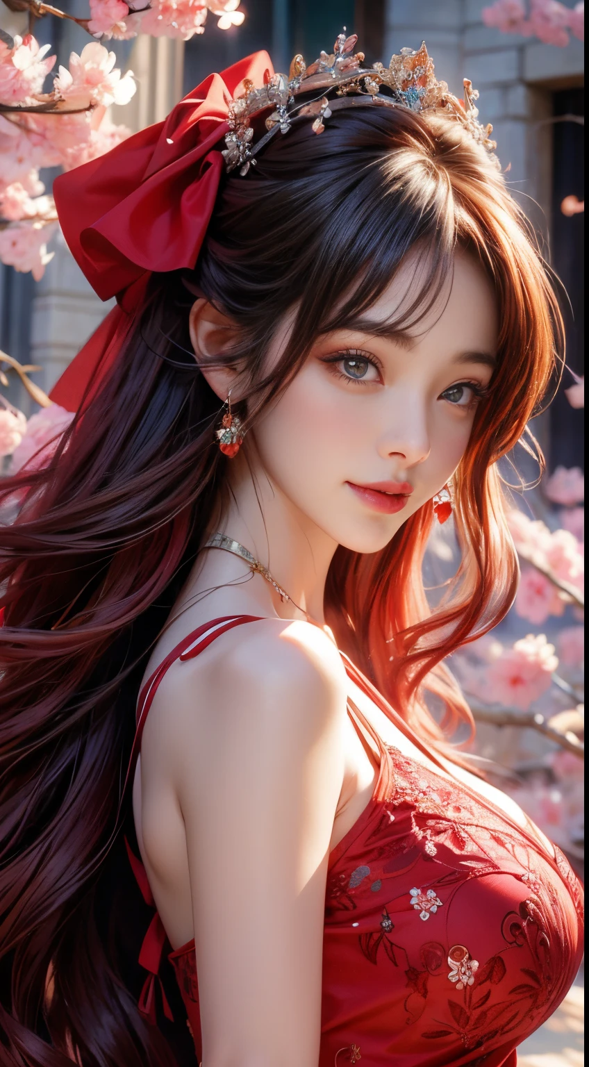 anime big breasts girl, Standing in a vibrant garden, Cherry blossoms are blooming everywhere. Girl with a big smile on her face,Wearing a stunning red dress,Complements her beauty。. She wears a flower crown on her head, Add a touch of elegance to her appearance. The details of her face are exquisite, Striking eyes with deep red eyes, Long eyelash enhancement. Her lips are a vibrant red, The subtle shine of the lipstick highlights. Her hair is beautifully styled, Anime style long hair and sparkly highlights,Capture the light. The overall image quality is of the highest standard, With ultra-detailed features and realistic depictions. Vibrant colors and intricate details bring images to life, Create a masterpiece of the anime world. The lighting is carefully crafted, Illuminate the scene with a soft, warm glow, Highlight the beauty of the girl and the surrounding natural elements.