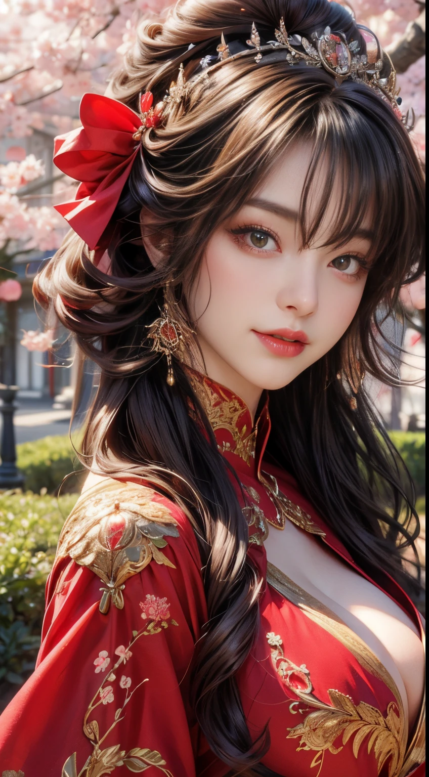 anime big breasts girl, Standing in a vibrant garden, Cherry blossoms are blooming everywhere. Girl with a big smile on her face，Wearing a stunning red dress，Complements her beauty。. She wears a flower crown on her head, Add a touch of elegance to her appearance. The details of her face are exquisite, Striking eyes with deep red eyes, Long eyelash enhancement. Her lips are a vibrant red, The subtle shine of the lipstick highlights. Her hair is beautifully styled, Anime style long hair and sparkly highlights，Capture the light. The overall image quality is of the highest standard, With ultra-detailed features and realistic depictions. Vibrant colors and intricate details bring images to life, Create a masterpiece of the anime world. The lighting is carefully crafted, Illuminate the scene with a soft, warm glow, Highlight the beauty of the girl and the surrounding natural elements.