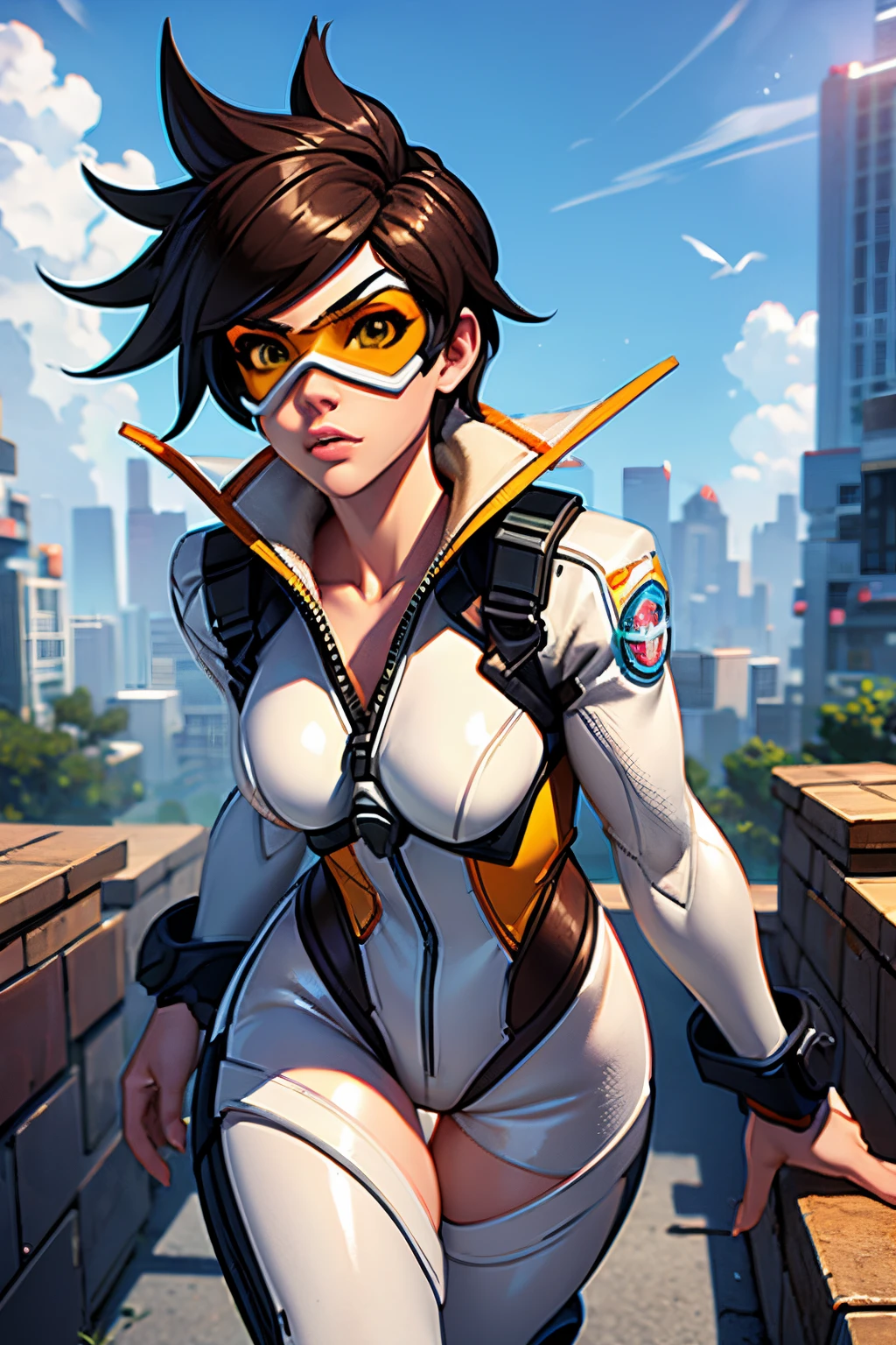 Tracer from overwatch in white latex leotard,